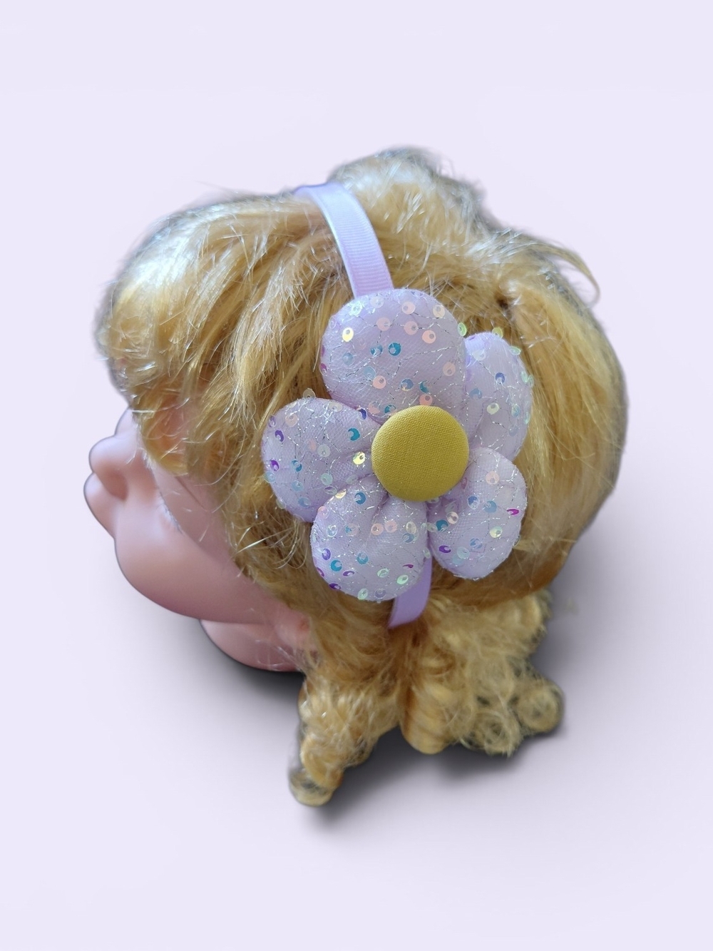 Girls Lilac Sequin Flower Headband with Yellow Center